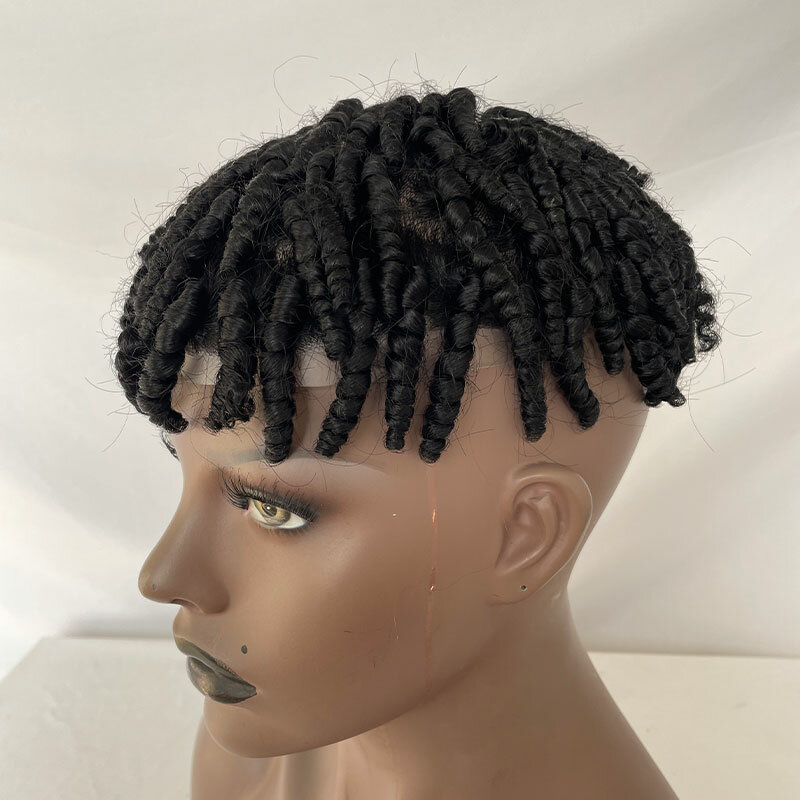 Trenzas de ganchillo Afro rizadas para hombres negros, tupé 100% de cabello humano, piel fina, pelucas de bucle en V de PU completo, negro azabache, 8mm, 1 #