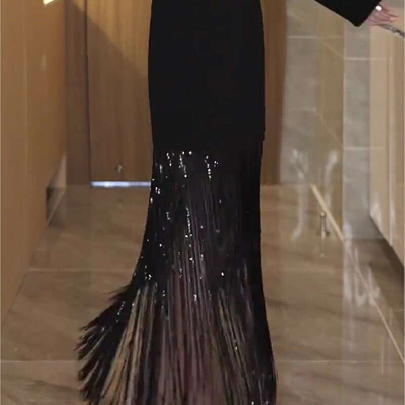 Женская черная юбка с кисточками, новая модная универсальная эластичная прямая юбка с высокой талией для похудения