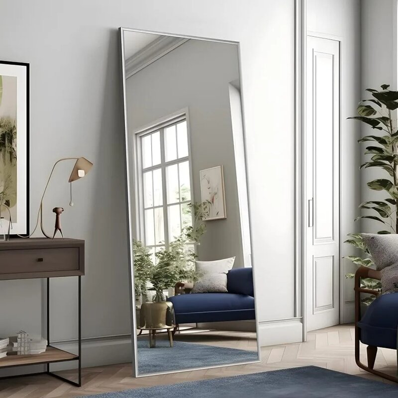 Full Body Mirror Dressing Wall Mounted Mirror with Stand, Aluminum Alloy Thin Frame Full Body Display Mirror, Silver, 65"x22"