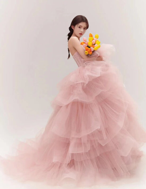 Women's Maxi Prom Dresses Vintage Strapless Sleeveless Sweet Layered Cake Skirt Elegant Wedding Party Dress for Women Vestidos