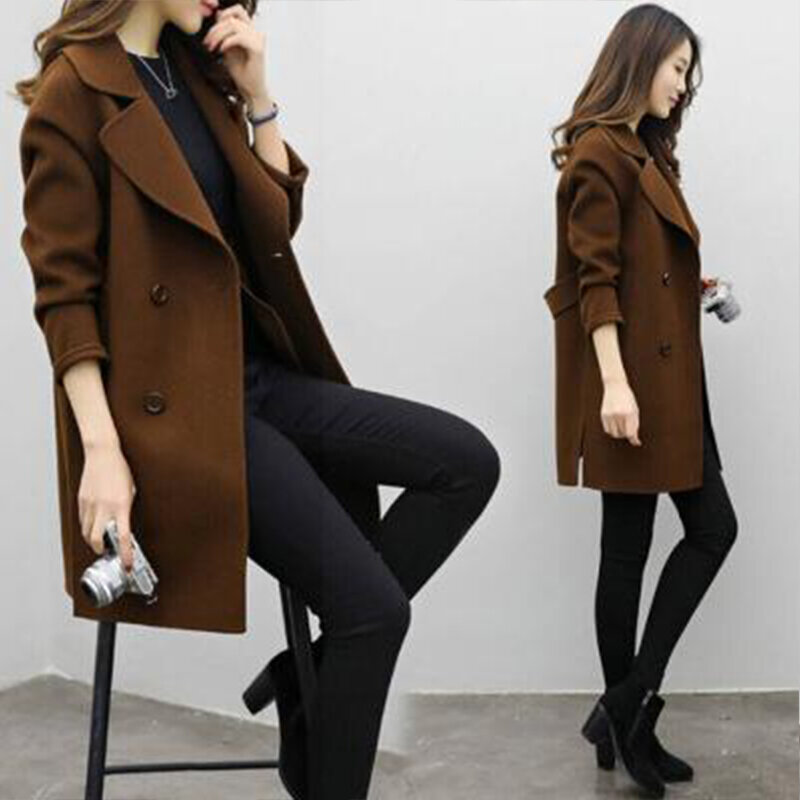 Autumn Winter Women's Woolen Medium Long Sleeve Double Breasted Fabric Loose Suit Jacket Coat