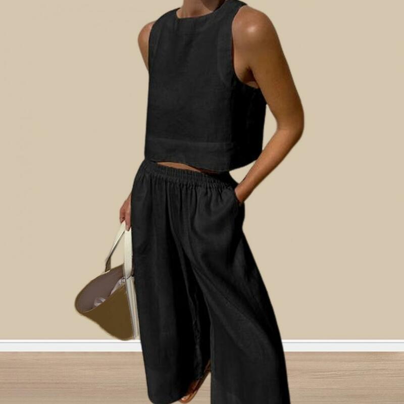 Breathable Fabric Suit Stylish Women's Sleeveless Vest Wide Leg Pants Set with High Waist Pockets Casual Daily for Fashionable