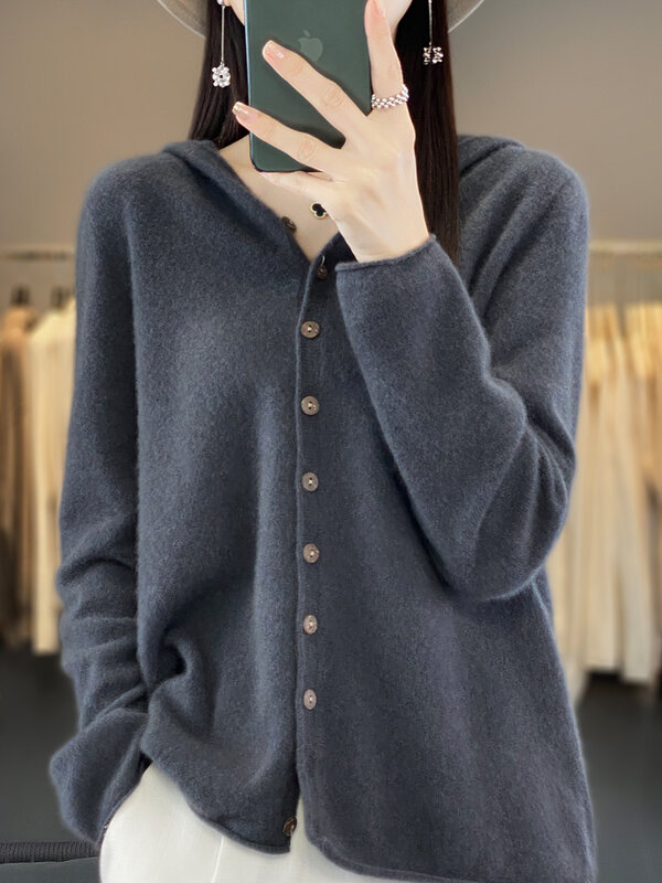 Alisemea-Suéter de malha de lã merino feminino, cardigã Gingrich, capuz solto, tops, roupas femininas, primavera, outono, 100%