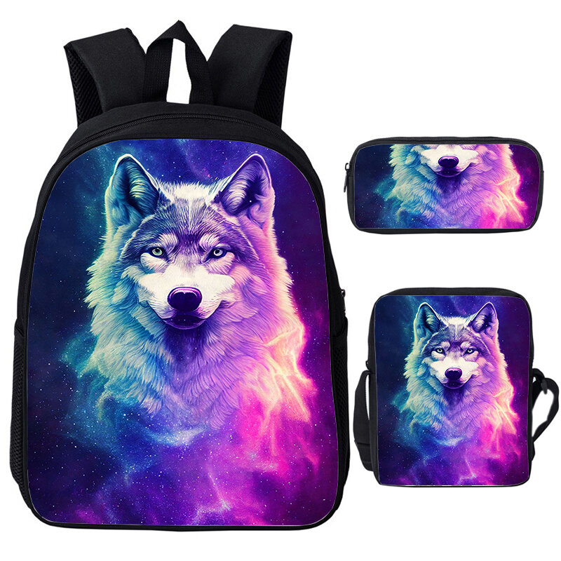 Galaxy Wolf Backpack Shoulder Bag Pencil Case Animals Tiger Lion Schoolbag Student Canvas Bag Girls Boys Bookbag Travel Daypack
