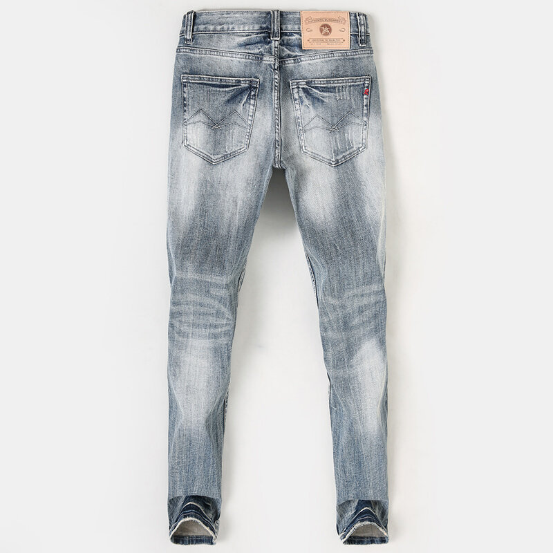 Newly Designer Fashion Men Jeans High Quality Retro Gray Blue Elastic Stretch Slim Ripped Jeans Men Vintage Denim Pants Hombre