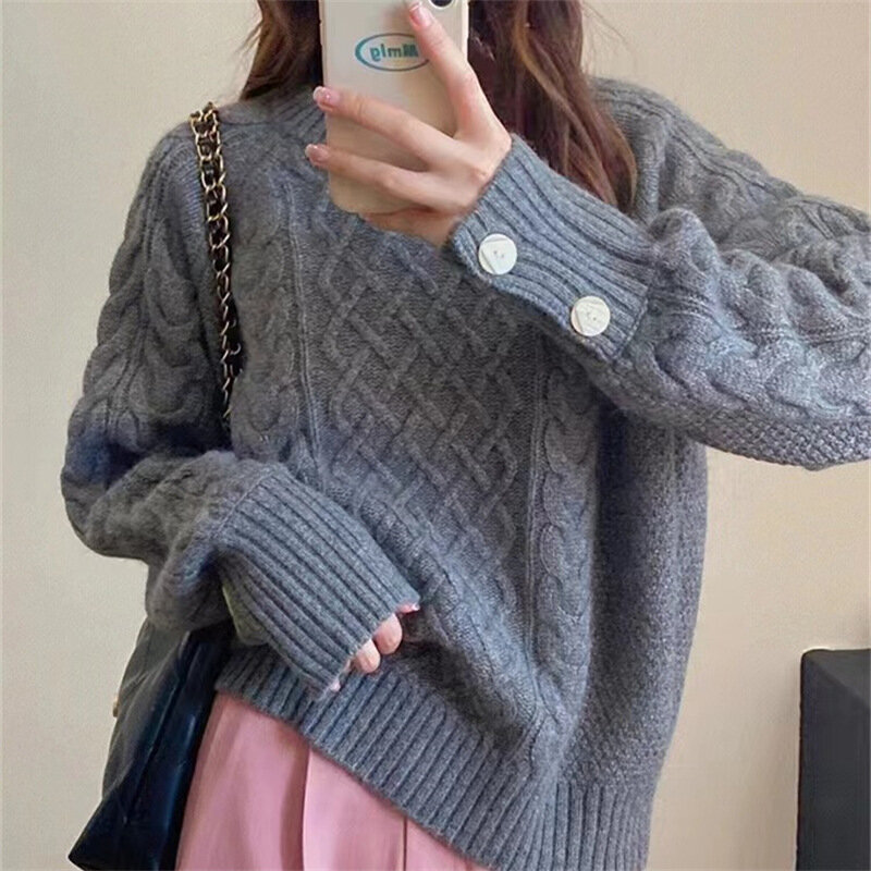 Korean Pink Retro Button Cuff Solid Sweaters Women Fall Winter New O-Neck Pullover Sweaters Casual Bottoming Tops Adult Girls 