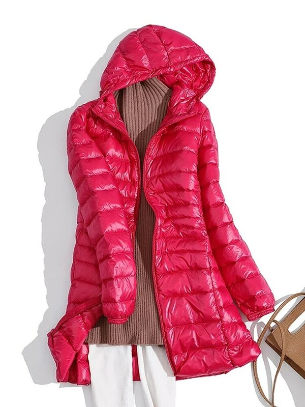 Damska kurtki z puchu kaczego jesienno-zimowa ultralekka damska kurtka puchowa z kapturem przenośna długa kurtka puchowa 5XL 6XL 7XL