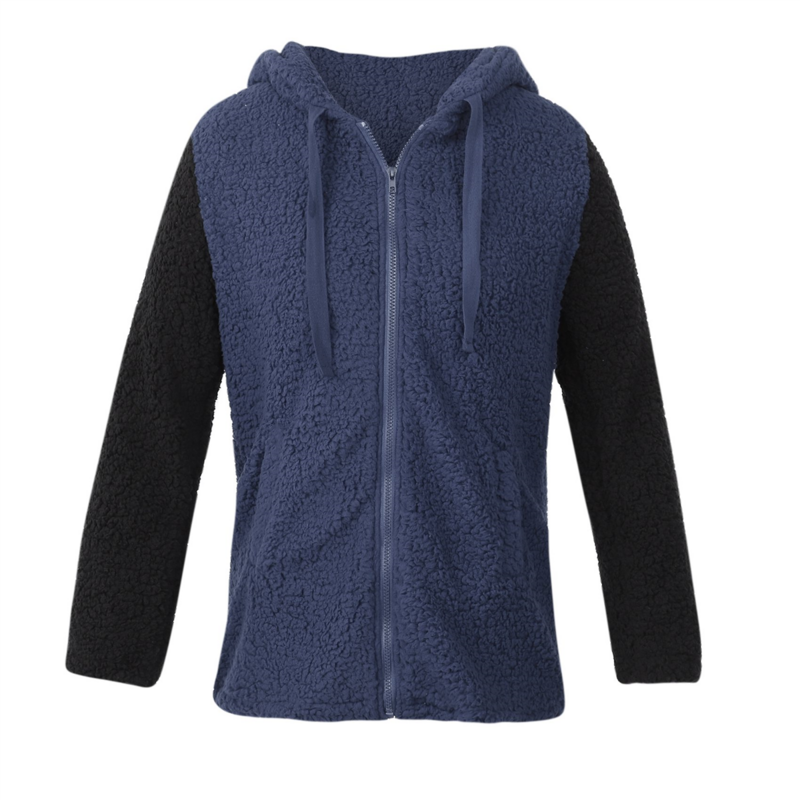 여성용 캐주얼 코트 패션 루즈 컬러 블로킹 모자, 두꺼운 플리스 헤어, 넥라인 포켓 재킷, XXXL 네이비 블루