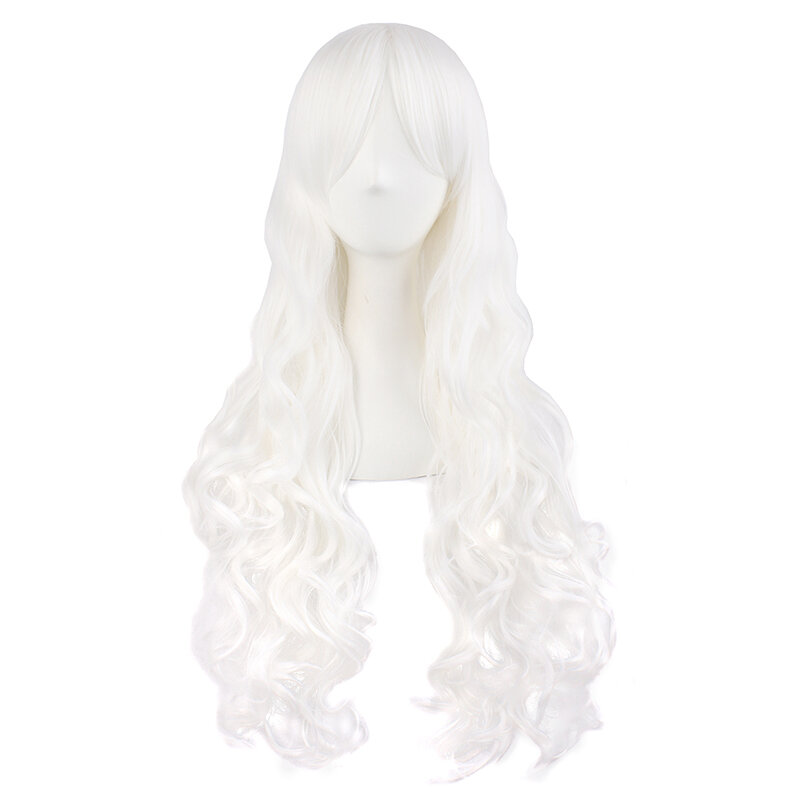 코스튬 여성 긴 곱슬 로리타 그립 가발, 더블 포니테일 빅 웨이브, 순백색 애니메이션 풀 헤드
