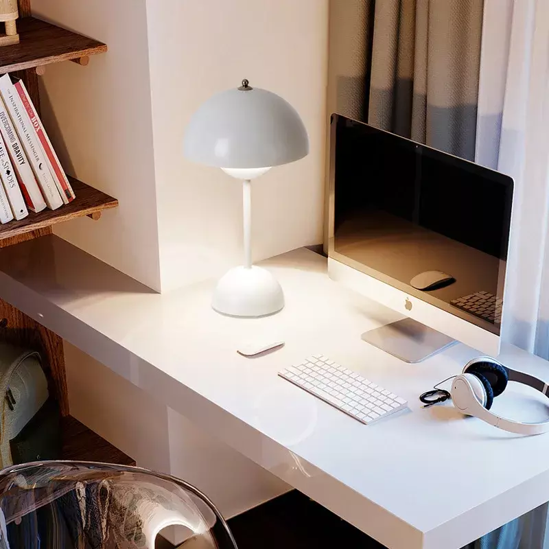 Lampu meja belajar klasik Retro jamur Bud, lampu dekorasi kamar tidur portabel LED lampu malam dapat disesuaikan sentuh pengisian daya USB