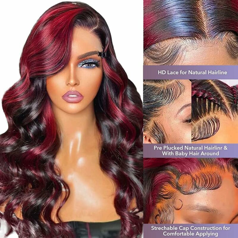 Glueless Body Wave Lace Front Wig, destaque do cabelo humano, preto Borgonha perucas, misturar cores, transparente, pré-arrancadas, Bobbi
