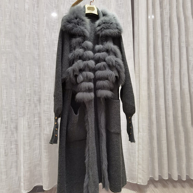 Women Autumn Knitted Wool Coat With Real Fox Fur Collar Long Sleeve Long Plus Size  Female Jacket With Genuine Fur Trimming