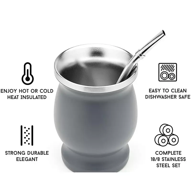 ชุดถ้วยชาคู่สแตนเลสขนาด230มล. สำหรับน้ำเต้าแบบมีหลอดหุ้มฉนวนกันความร้อนแบบง่าย