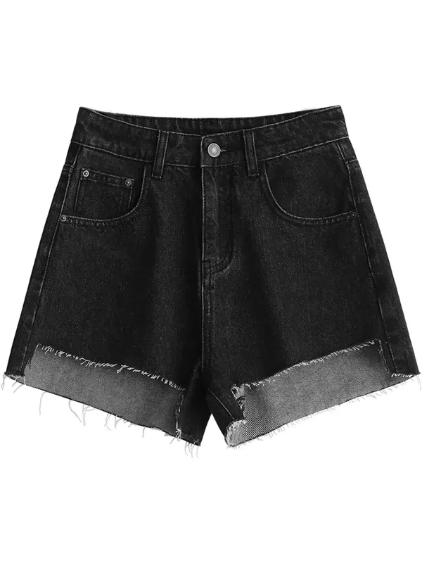 CHIC VEN-shorts jeans de cintura alta para mulheres, bainha assimétrica, borda de pele monocromática, curta feminina, monocromática, verão, 2021, novo