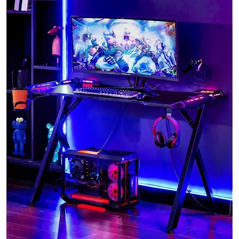 Bureau d'ordinateur de jeu RVB avec lumières LED, surface en fibre de carbone, bureau à domicile avec télécommande