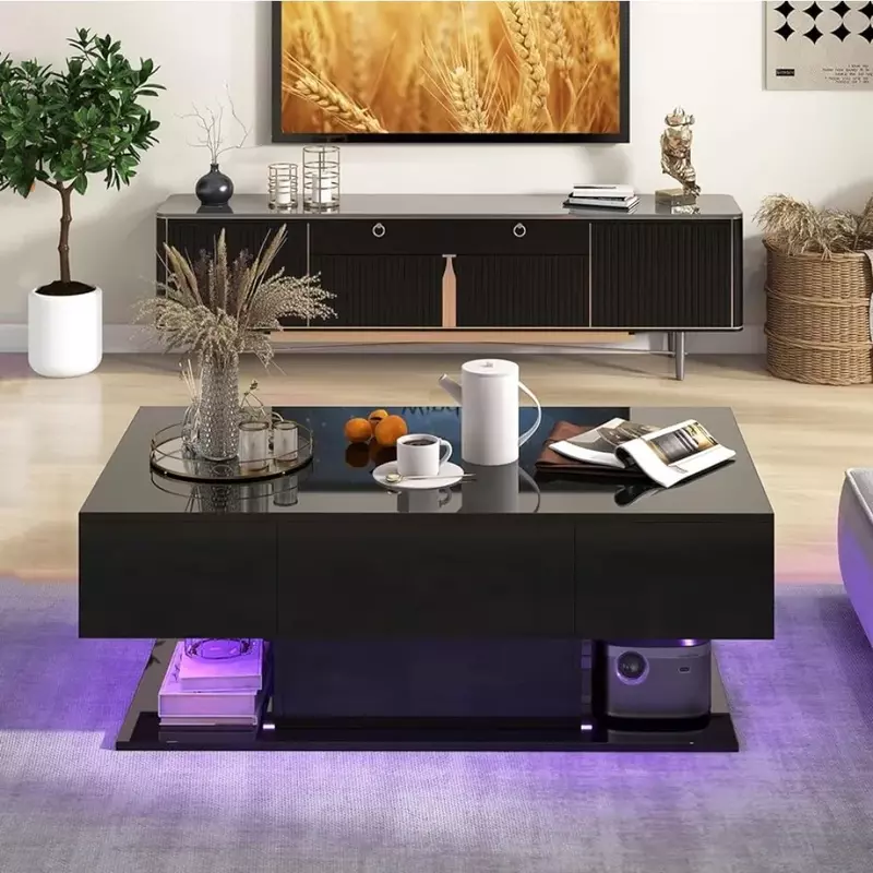 Coffee Table - 2-Tier Center Table LED W/ 2 Storage Drawers, Adjustable Brightness & Speed, 20-Color Light, Coffee Table
