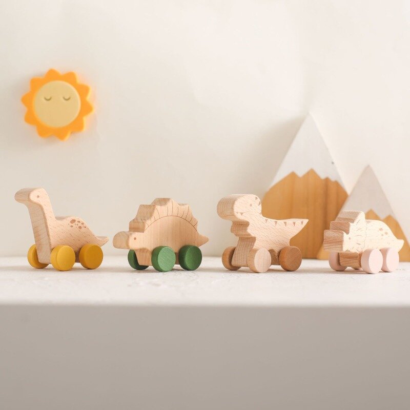 Juguetes Educativos Montessori para niños, mordedor de coche de madera de haya, dinosaurio de dibujos animados, juguetes de dentición para bebés