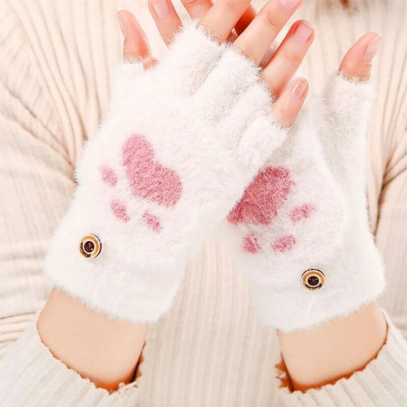 Перчатки женские зимние без пальцев, теплые митенки-трансформеры с откидной крышкой, с кошачьими лапами, для косплея, холодной погоды, 1 пара