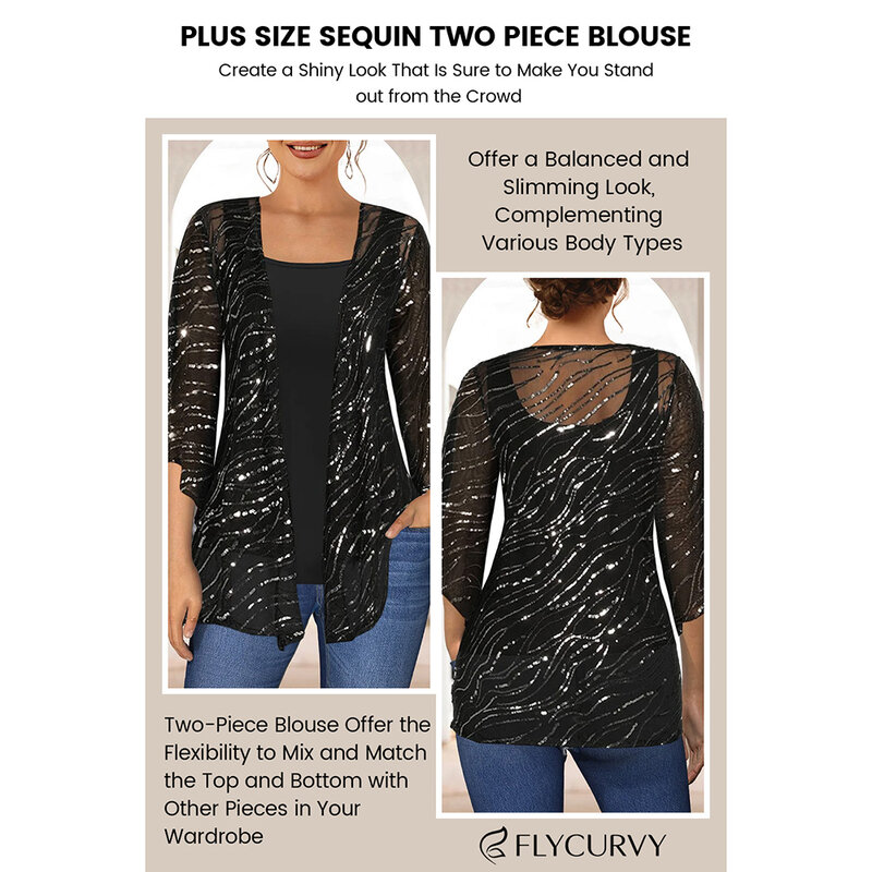 Plus Size Dressy Black Sparkly Sequin 3/4 Sleeve Two Pieces Blouse