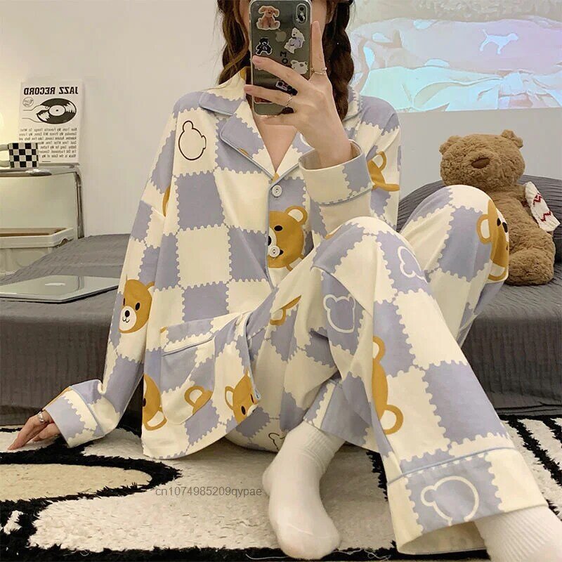 Sanrio Anime Cinnamoroll Women Pajama Sets Spring New Kuromi Home Clothing Y2k Sweet Preppy Sleepwear Girls Tops Pants Two Piece