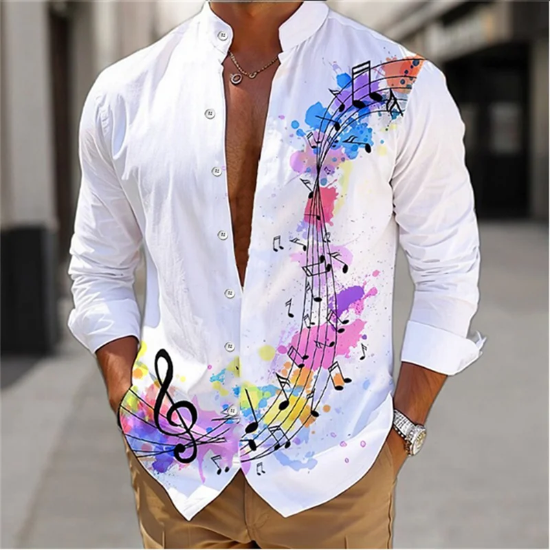 Camicia da uomo estate 2024 manica lunga nota musicale colletto alla coreana stampato in 3D Cardigan monopetto camicia da uomo Casual hawaiana 6XL