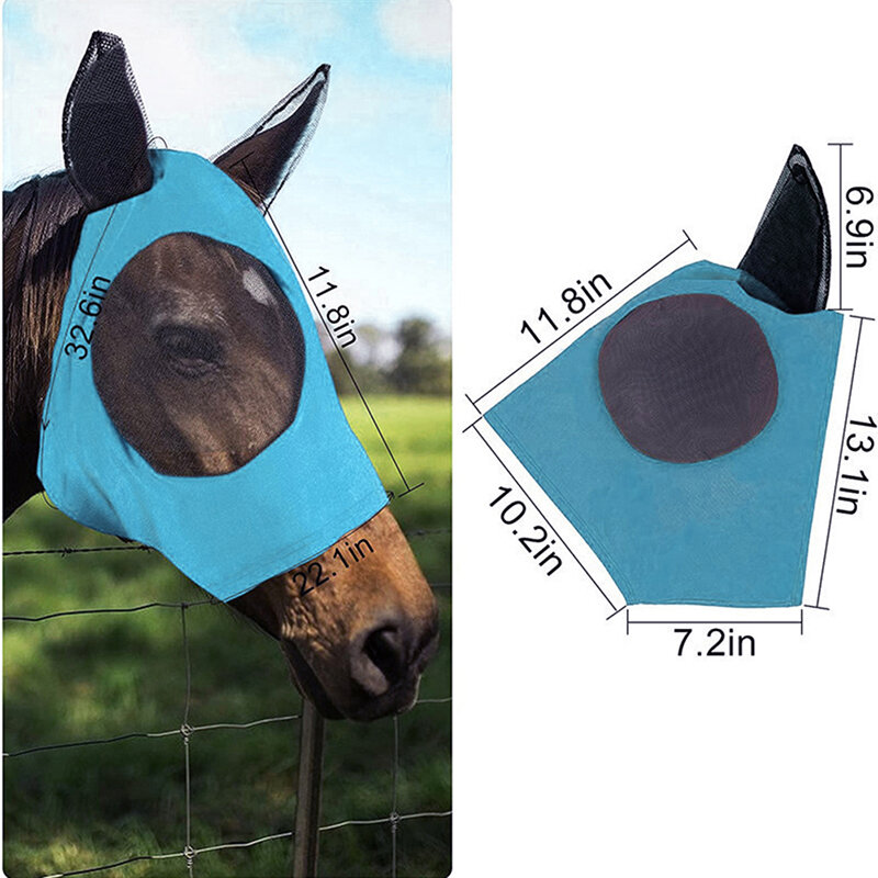 Cavalo Anti-Fly Mesh Equine Mask com orelhas cobertas, nariz longo, Stretch Bug Eye, 1pc