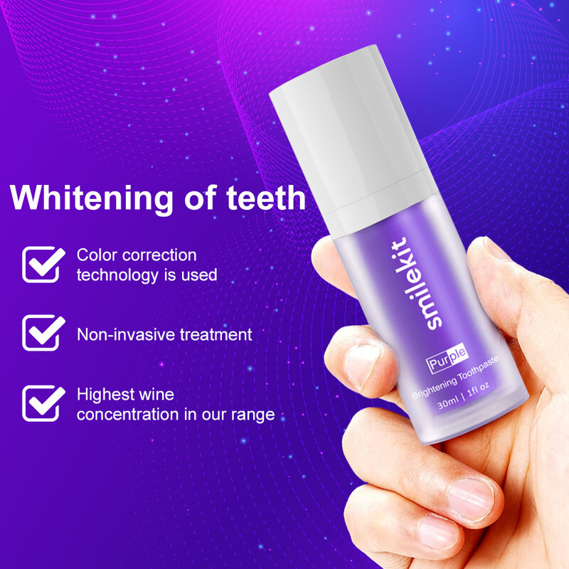 Nowa wybielająca zęby fioletowa pasta do zębów pianka opieka stomatologiczna do zębów białe pielęgnacja zębów rozjaśniające zmniejszenie żółknięcia 30ML