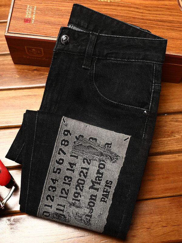 Высококачественные модные мужские джинсы с принтом, эластичные облегающие и маленькие лапы, персонализированная Корейская версия молодежных повседневных джинсов Lo