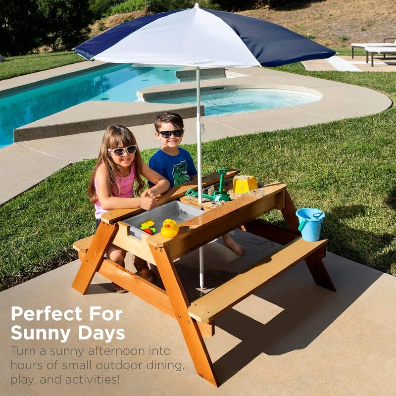 Kids 3-in-1 Sand & Water Activity Table, Wood Outdoor Convertible Picnic Table w/Umbrella, 2 Play Boxes, Removable Top - Green