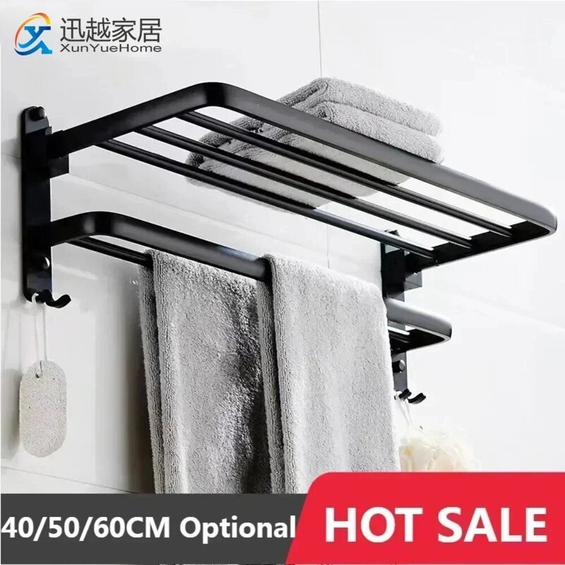 40/50/60CM No Drilling Towel Rack Fold Self-adhesive Wall Hanger Rail Bracket Black Aluminum Shower Bathroom Accessories Holder