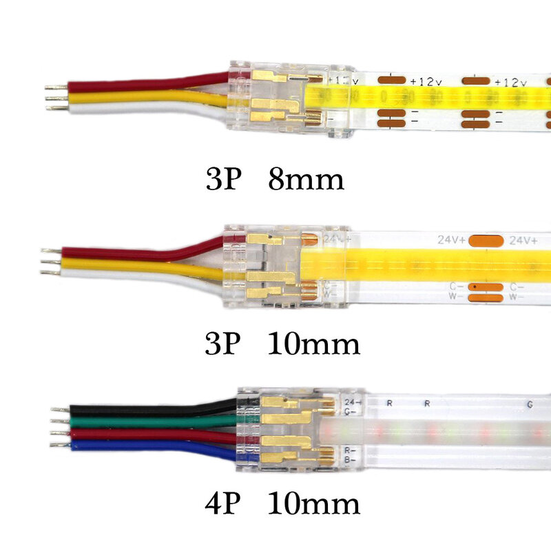 COB 스트립-와이어 LED 커넥터, CCT FCOB RGB LED 스트립 조명용 연결 솔더리스 확장, 2 핀, 3 핀, 4 핀 커넥터, 5mm, 8mm, 10mm