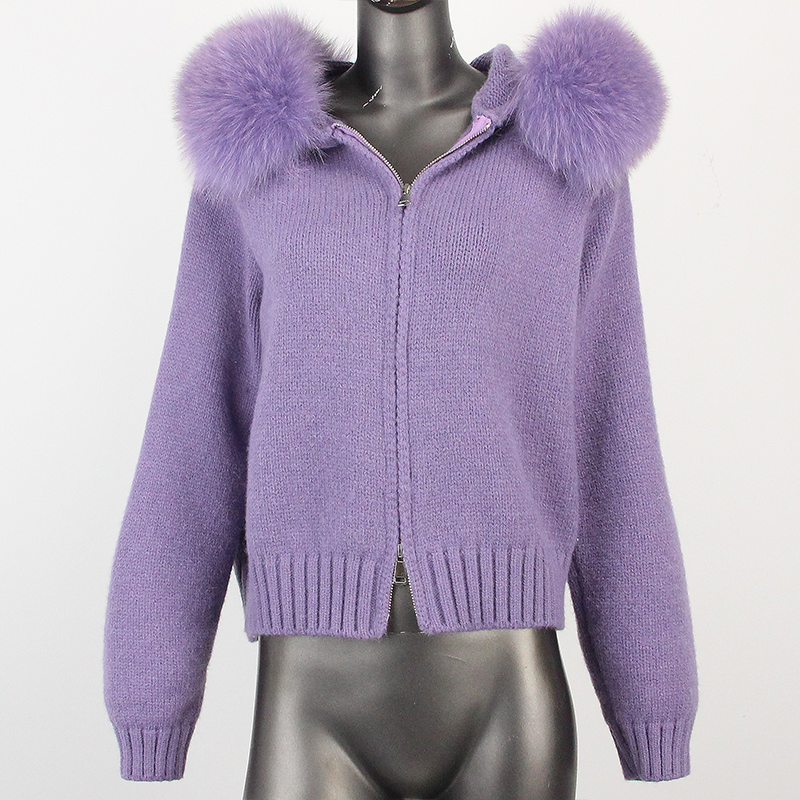 Jaqueta de malha curta com gola de pele de raposa real feminina, casaco casual com capuz, pele natural, nova moda, outono e inverno, 2023