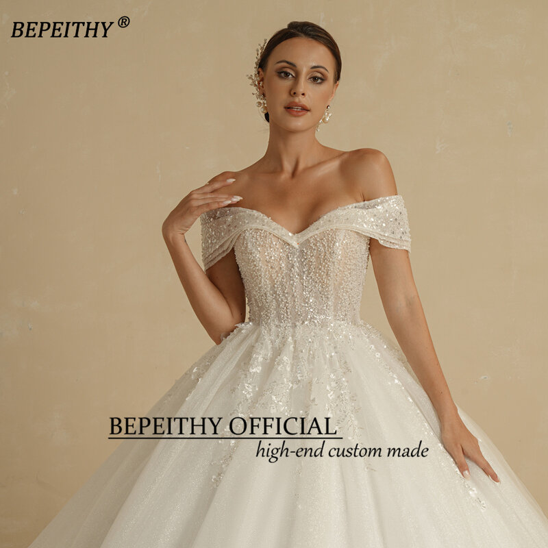 Gaun pernikahan putri manik-manik gading 2022 untuk pengantin wanita tanpa lengan bahu berkilau gaun pengantin jubah pengantin wanita