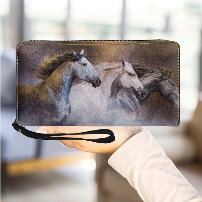 3D Pferd drucken Frauen Clutch Tier muster Luxus Pu Leder Mädchen lange Brieftasche mit Reiß verschluss schlanke Reise weibliche Handgelenk Brieftasche Geschenk