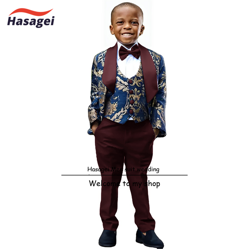 Gold Pattern Boys Suit 3 Piece Suit with White Pants Formal Kids Wedding Tuxedo Teen Stage Performance Wear 2-16 Years Old