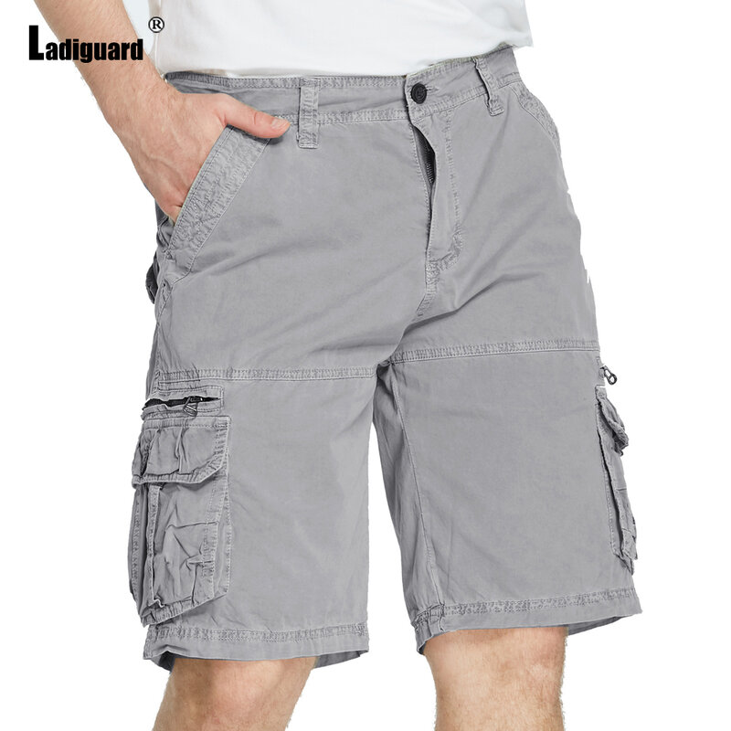 Ladiguard Plus Size Men Cargo Shorts Khaki Gray Knee-length Pants with Pocket 2023 Summer Casual Street Half Pants Mens Clothing