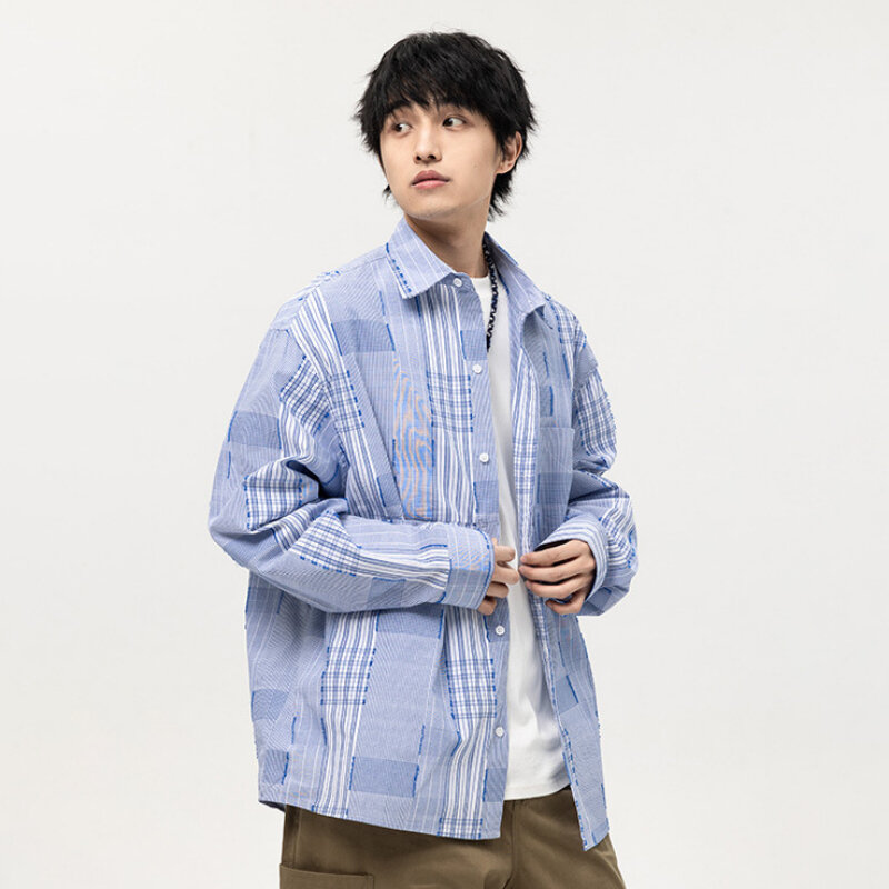 2024 wiosna nowy męski koszula w kratę koreański styl modna, szyta z klapami i kieszonką projekt sweter bluzki męskie Retro luźne rekreacyjne koszula