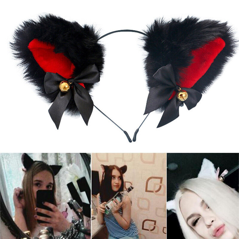 Diadema de felpa con orejas de zorro para niña, diadema de Lolita, disfraz de fiesta de Cosplay, pajarita, campana, accesorios para el cabello de Anime, suministros para Halloween