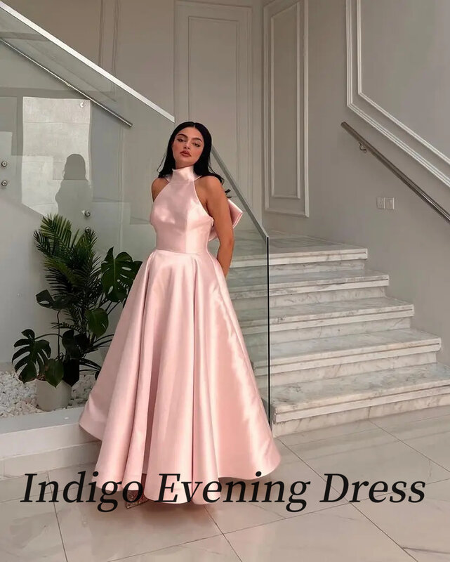 Indigo High Neck Prom Dresses Sleeveless Floor-Length Bow Women Formal Occasion Gown 2024 فساتين للحفلات الراقصة