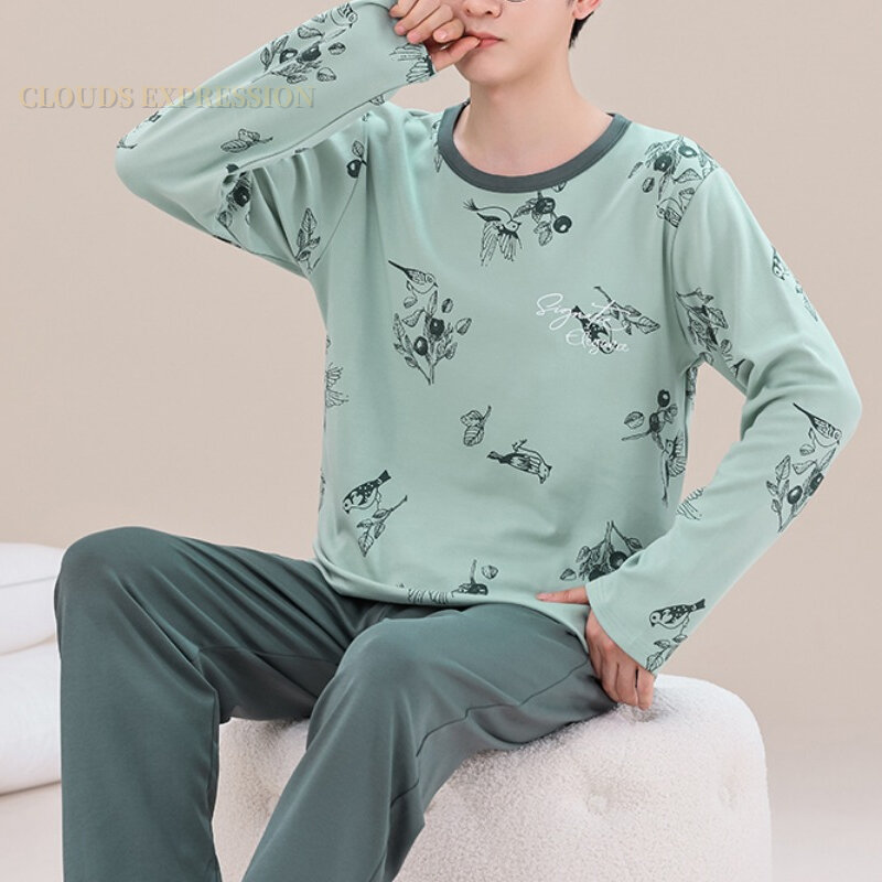 Пижамный комплект мужской вязаный большого размера 5XL, одежда для сна с принтом облаков, повседневная одежда для отдыха, модная ночная рубашка, весна-осень