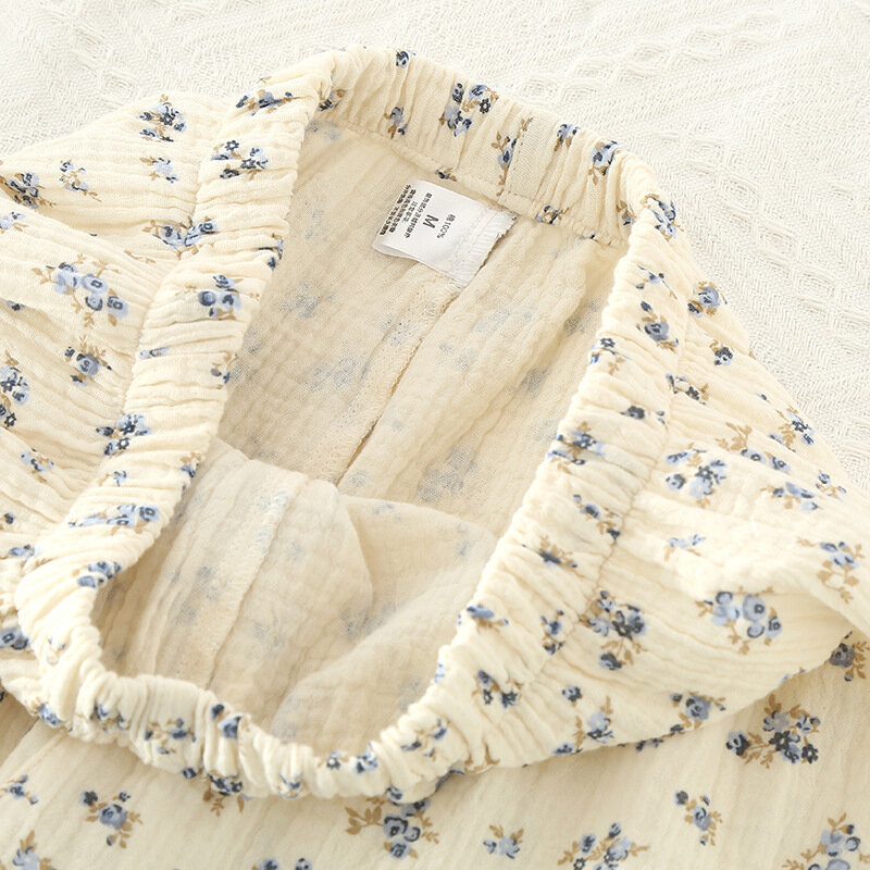 Set piyama motif wanita musim gugur 100% katun lapis ganda pakaian tidur bunga kartun kecil segar tekstur imut pakaian Malam