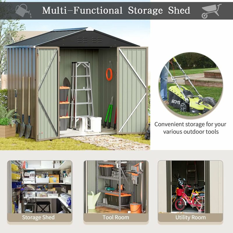 Metal Outdoor Storage Shed 8FT x 6FT, Steel Utility Tool Shed Storage House with Door & Lock, Metal Sheds Outdoor Storage
