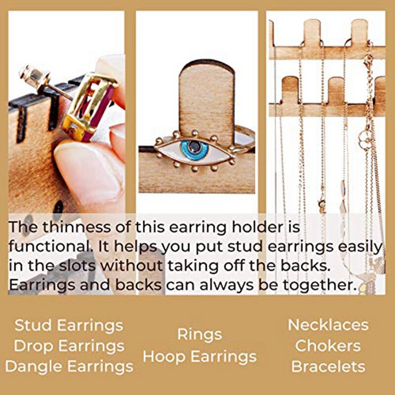 1 Set Wooden Jewelry Organizer Wall Mounted Earring Organizer Necklace Holder Bracelet Holder