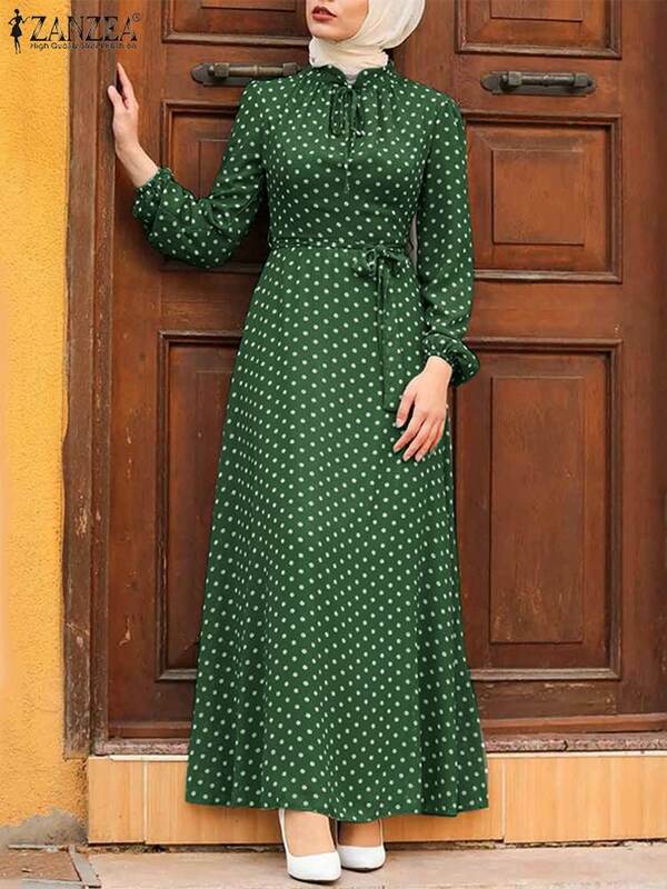 Gaun Panjang Maxi Abaya Ramadhan Wanita Muslim ZANZEA Gaun Sundress Motif Polkadot Vintage Jubah Pesta Lengan Panjang Wanita Kaftan