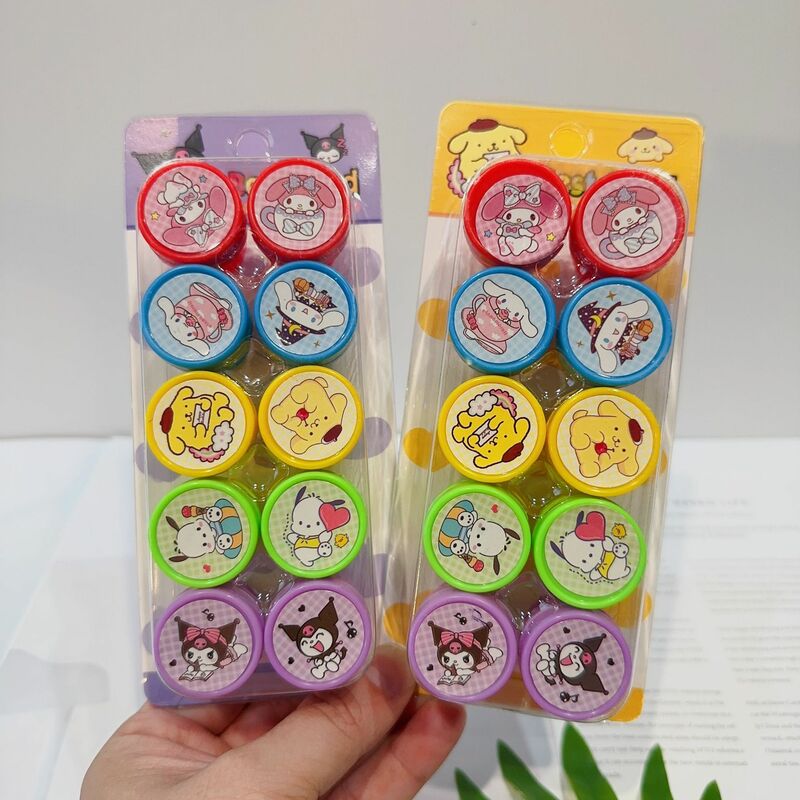 Selos de tinta automática Sanrio para crianças, bonito Kuromi Melody Pompompurin, selo facial, pintura DIY, álbum de fotos, brinquedos de selo, 10 peças por conjunto
