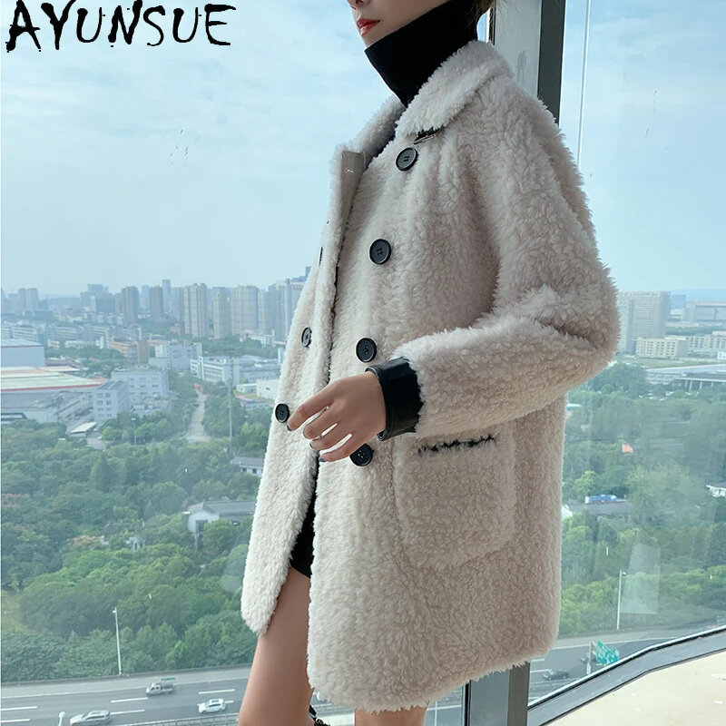 100% AYUNSUE Wool Coats and Jackets Womens Clothing Mid-length Granular Sheep Shearing Jacket Women Winter Autumn StandCollar