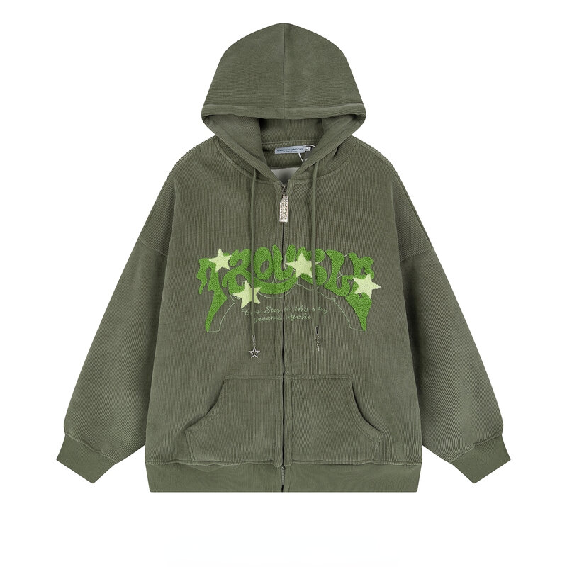 Flocking Star Towel Embroidery Zipper Hoodeds Top Women's Casual Street Couple Sweater Corduroy Embroidered Cardigan Sweatshirts