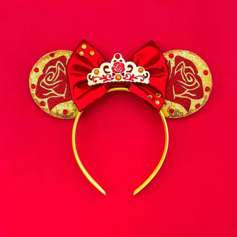 Diadema con orejas de Mickey Mouse para mujer, diadema de princesa Aurora, diadema de rosa brillante, lazo de lentejuelas, accesorios para el cabello, regalo de amor para niños