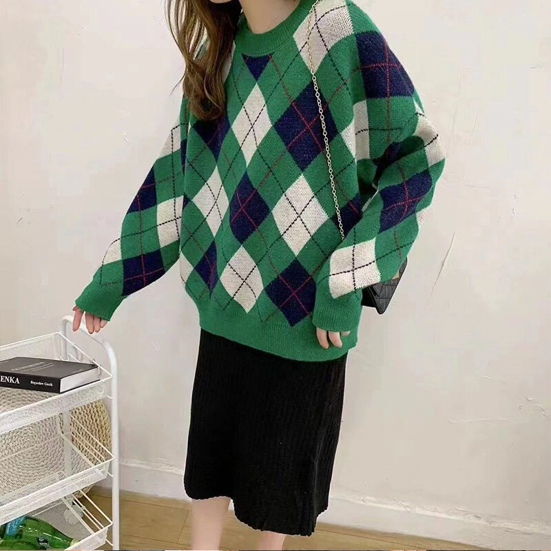 Camisola feminina em torno do pescoço colorblock xadrez de malha pulôver outono inverno coreano solto de mangas compridas malhas para dentro