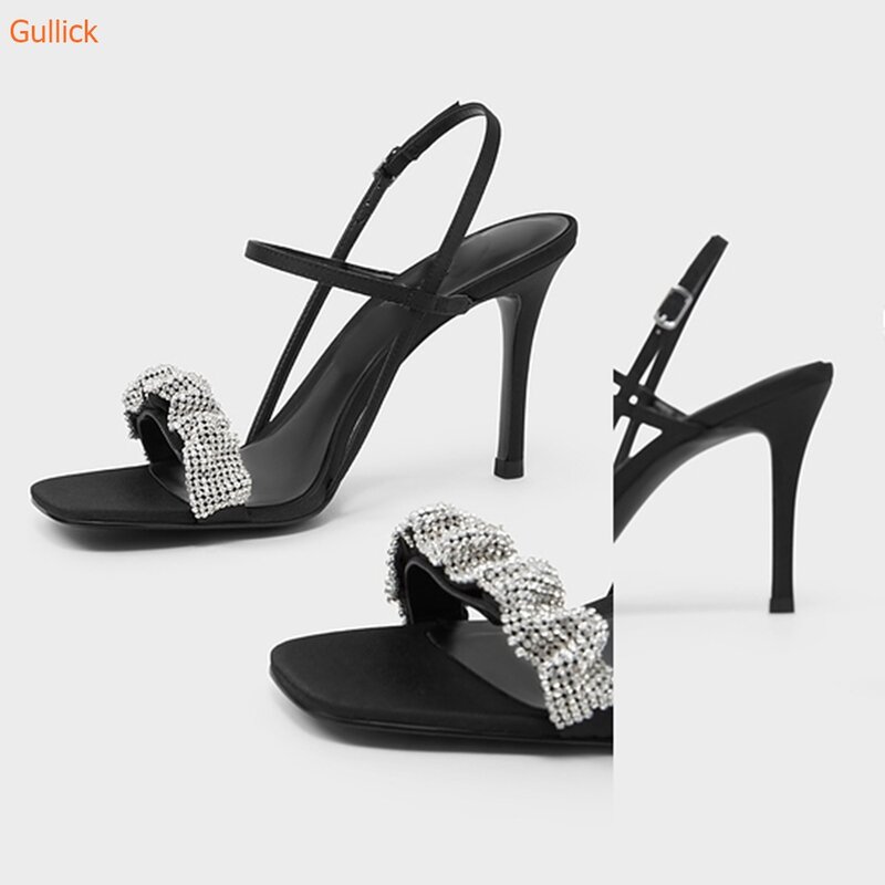 Sandalias con cristales brillantes para mujer, zapatos plisados con perlas y punta cuadrada, tacones finos con correa trasera, zapatos de verano, novedad de 2024